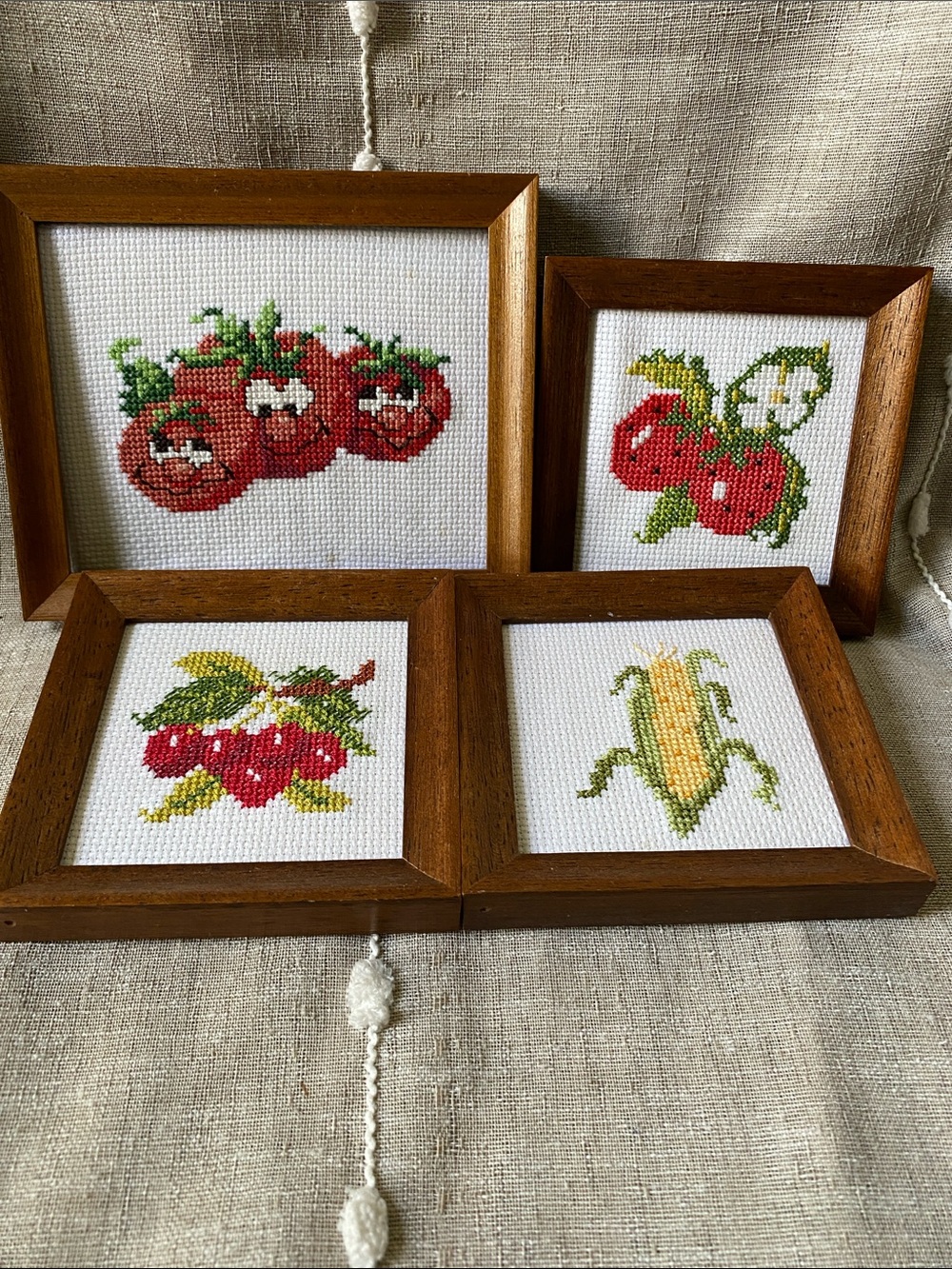 Set of 4 Vintage Cross Stitch Fruit Framed Art - Farmhouse Country Cottage decor